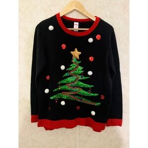 Holiday Time Womens Ugly Christmas Sweater Black Bells Tree Pom Poms Medium 8-10
